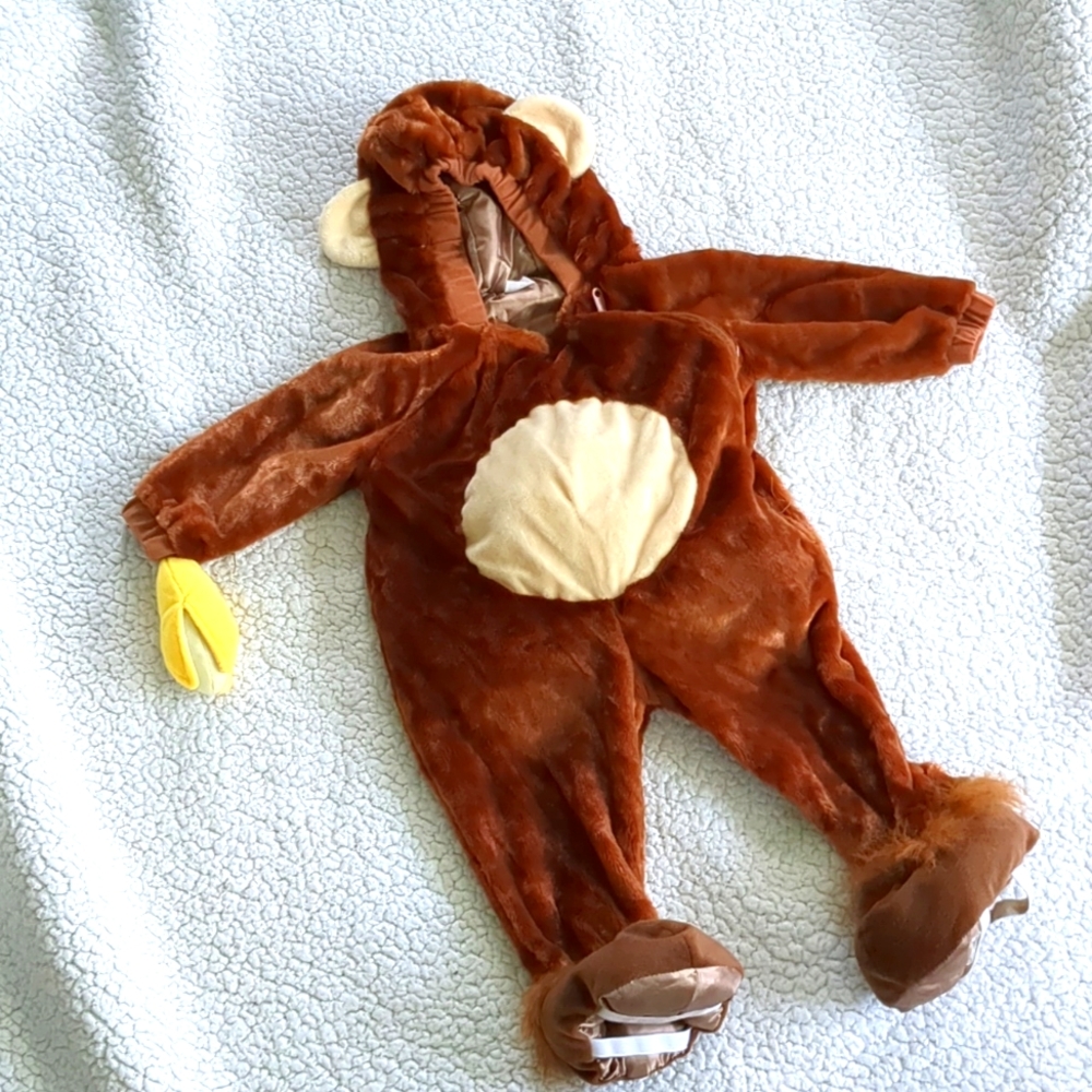 🎃 Brown Monkey &  Banana Costume Sz 2-3 T One Piece Fuzzy 🐵 🍌